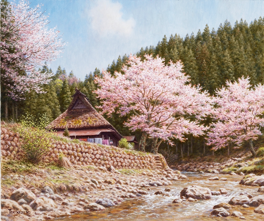 通販超激得D108　作者不詳　貢銘　「桜咲く川辺の風景」　20号　油彩　肉筆　リアリズム美景 自然、風景画