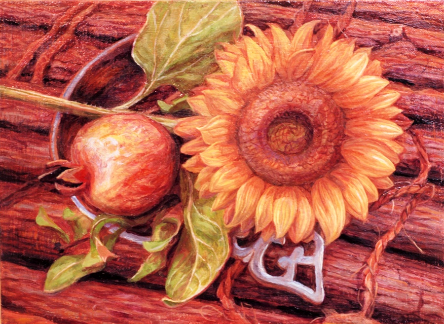 「ザクロとひまわり 」油彩4号　88,000円