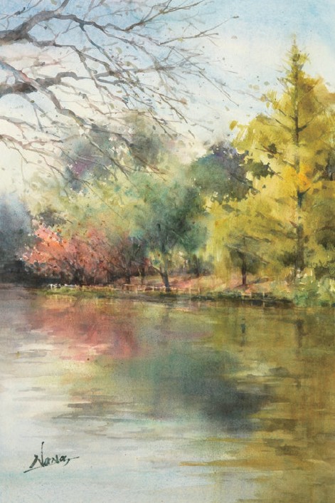 「秋彩 池のほとりで」水彩4号大　110,000円