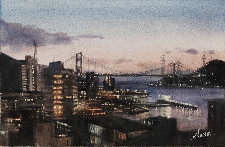 「黄昏の関門海峡」 水彩4号大　110,000円