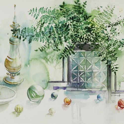 「初夏の窓辺」水彩4号大（23×31cm）